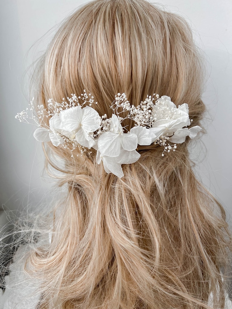 Forcine per capelli con fiori secchi di ortensia bianca per sposa, accessori per capelli, fermagli per capelli da sposa BOHO, accessorio per capelli floreale immagine 2