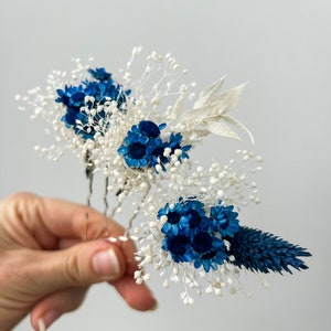 Majestic Blue Wedding Dried flower hair pins, Boho Bridal hair accessories, bohemian Gypsophila hair piece, Babys Breath hair clips image 3