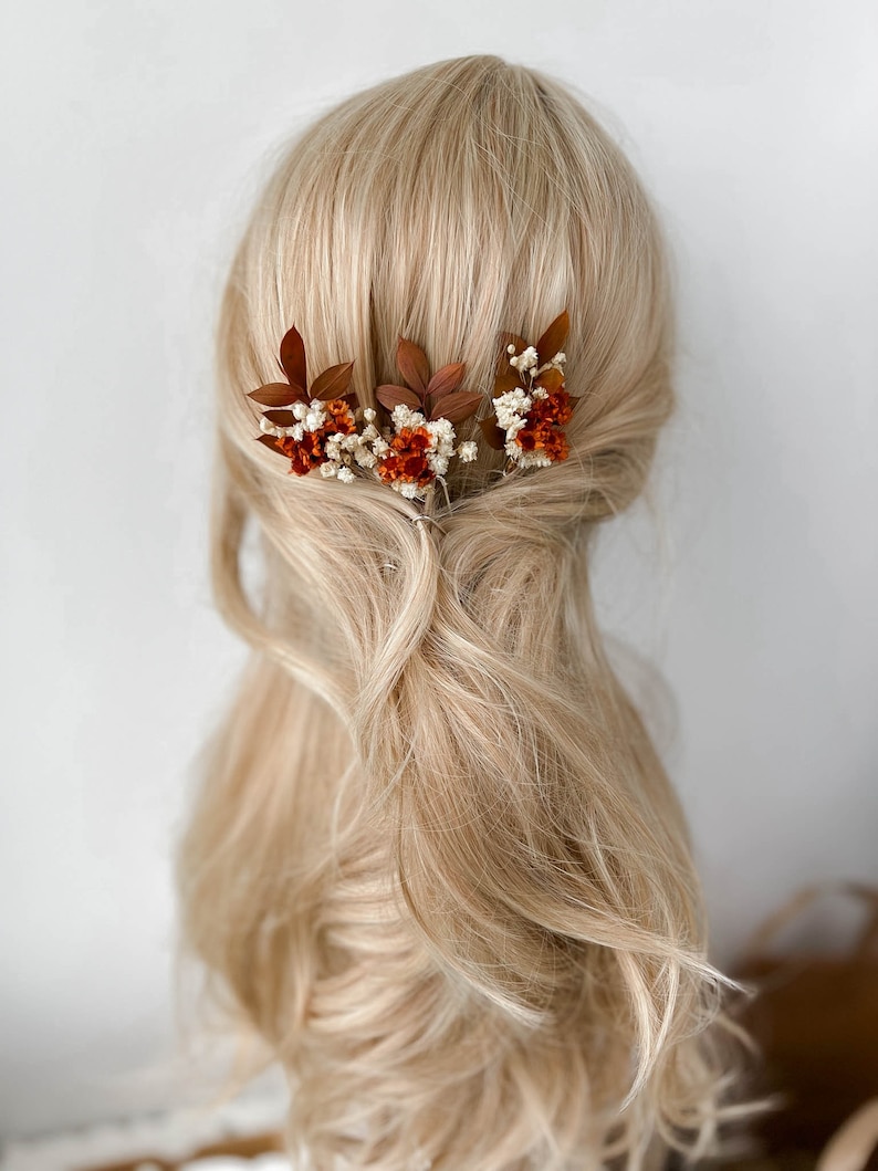 Épingles à cheveux de fleurs séchées de mariage en terre cuite rouille, accessoires de cheveux de mariage automne automne, morceau de cheveux de mariée orange brûlé bohème, pinces à cheveux florales image 6