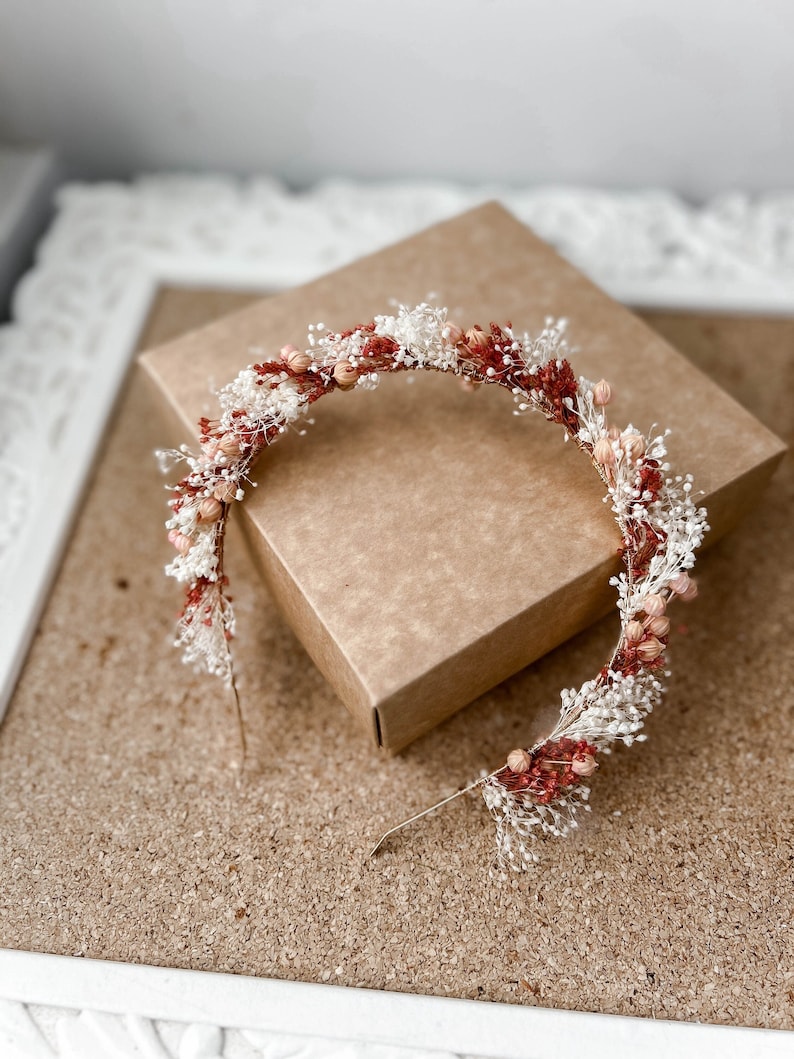 Couronne de fleurs séchées de mariage rustique en terre cuite, couronne de fleurs nuptiale, casque délicat image 1