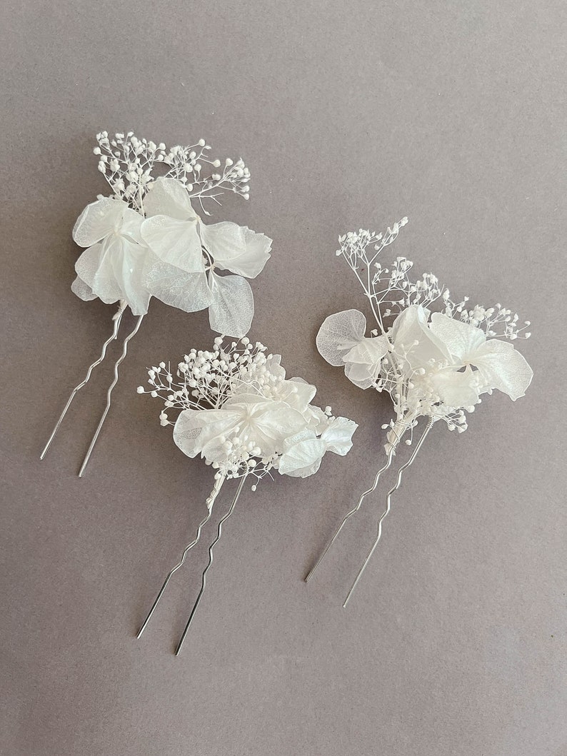 White Hydrangea dried flower hair pins for Bride, hair accessories, BOHO Wedding Bridal hair clips, hair accessory floral image 9