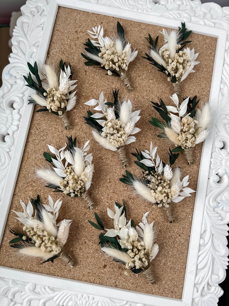 Eucalyptus Wedding boutonniere, Dried flower white boutonniere for Boho Wedding, Grooms buttonhole image 1