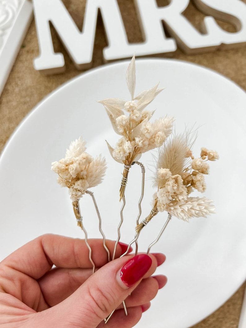 Forcine per capelli con fiori secchi Boho, forcine per fiori da sposa Boho bianche, accessori per capelli da sposa, veri fermagli per capelli floreali Gypsophila immagine 3