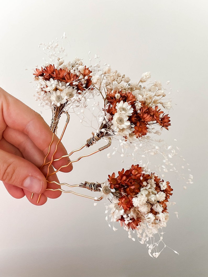 Épingles à cheveux fleurs séchées de mariage en terre cuite, accessoires de cheveux de mariage automne automne, morceau de cheveux de mariée bohème rustique, pinces à cheveux florales image 2