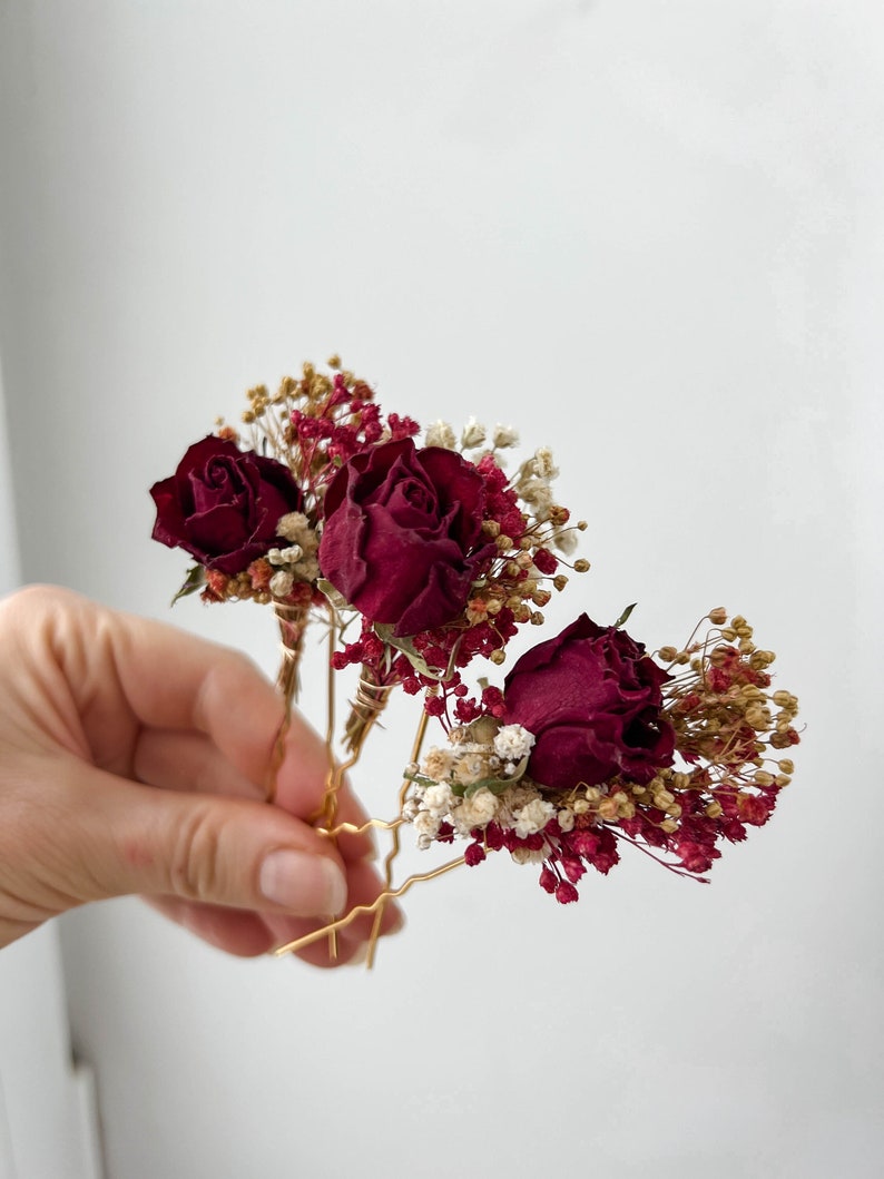 Burgundy Red Rose Wedding dried flower hair pins, Bridal hair accessories, boho floral hair clip, hair piece image 1