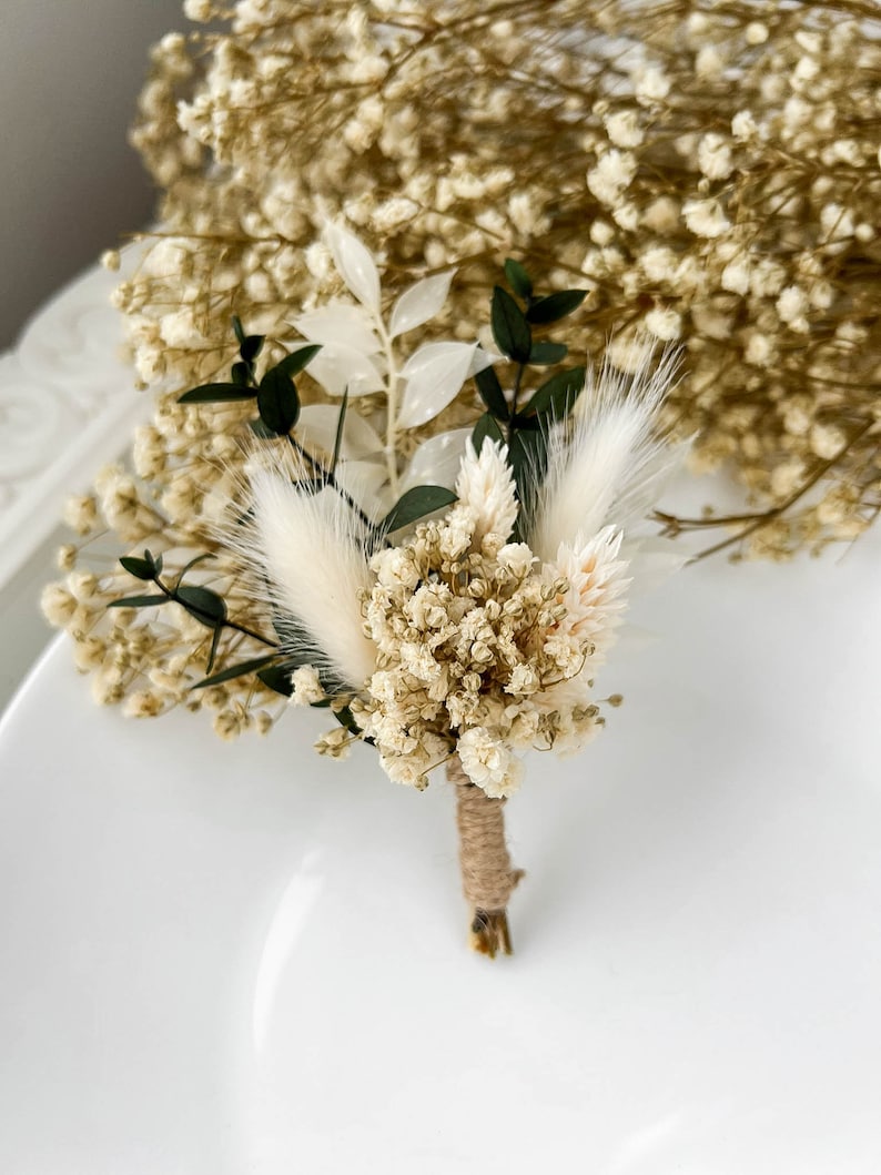 Eucalyptus Wedding boutonniere, Dried flower white boutonniere for Boho Wedding, Grooms buttonhole image 10