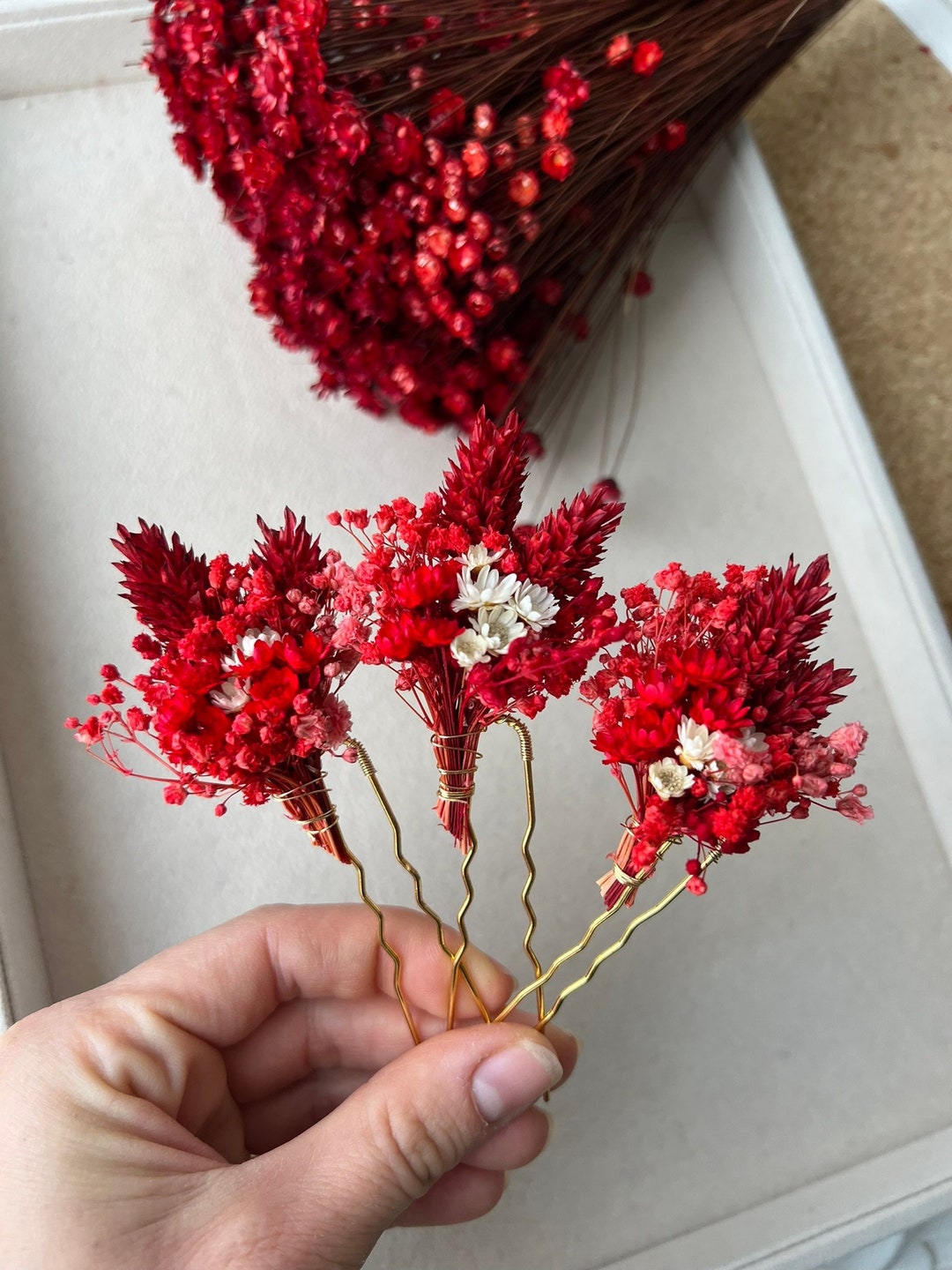 Dried Flower Hair Pins for Fall Autumn Wedding, Red Hair Accessories
