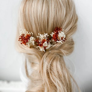 Épingles à cheveux de fleurs séchées de mariage rustique en terre cuite, accessoires de cheveux de mariage automne automne, morceau de cheveux de mariée bohème, pinces à cheveux rouille florale image 4