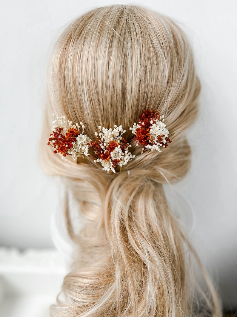 Épingles à cheveux de fleurs séchées de mariage rustique en terre cuite, accessoires de cheveux de mariage automne automne, morceau de cheveux de mariée bohème, pinces à cheveux rouille florale image 4