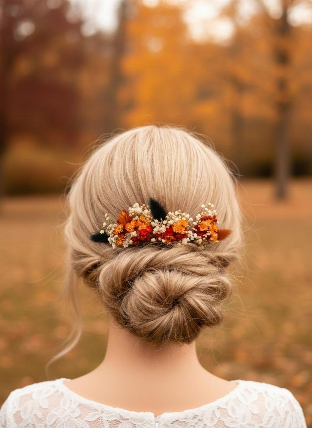 バーントオレンジのドライフラワーヘアピン、ボヘミアンブライダルヘア