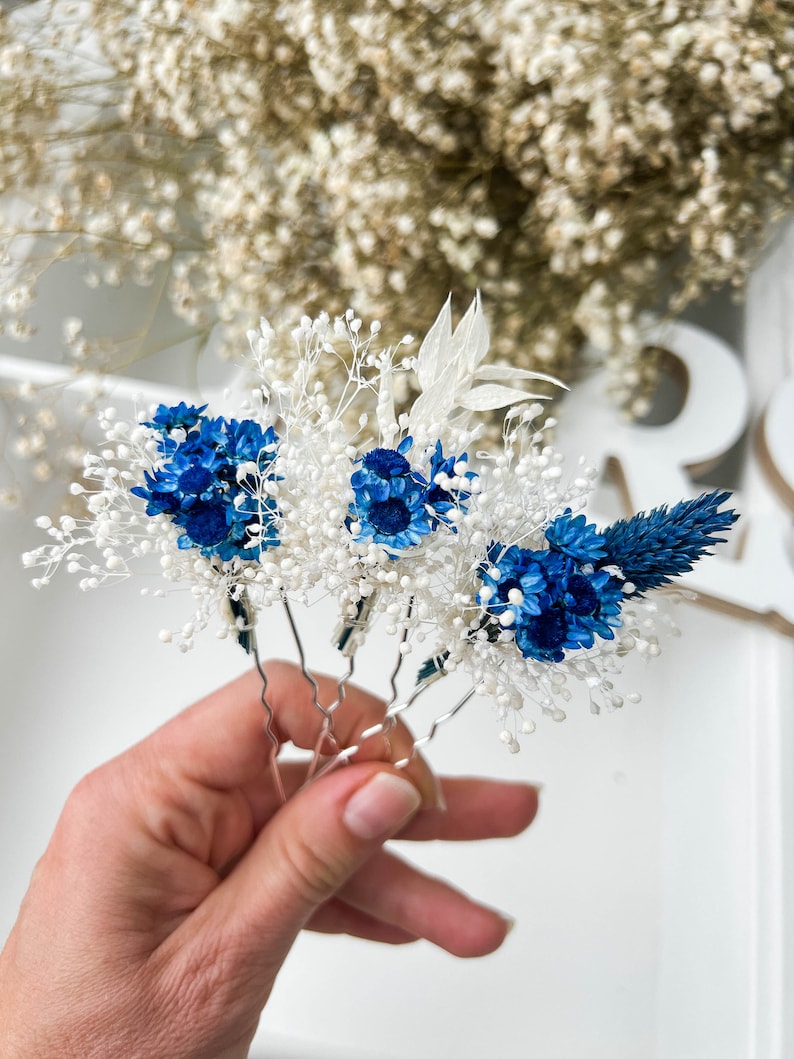 Majestic Blue Wedding Dried flower hair pins, Boho Bridal hair accessories, bohemian Gypsophila hair piece, Babys Breath hair clips image 5