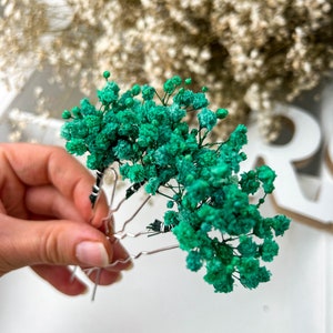 Dried flower hair pins green, Bridal Gypsophila floral hair piece, Colorful summer turquoise hair accessories, boho hair piece image 5
