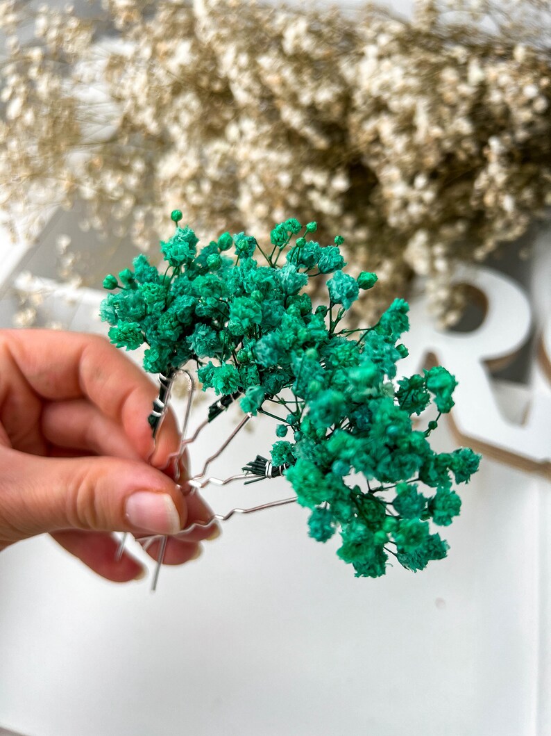 Dried flower hair pins green, Bridal Gypsophila floral hair piece, Colorful summer turquoise hair accessories, boho hair piece image 5