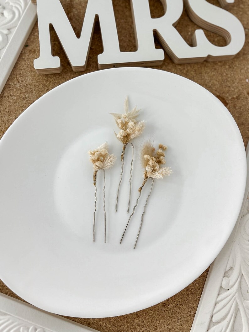 Boho Dried flower hair pins, White Bohemian Wedding Flower hairpins, Bridal hair accessories, real floral Gypsophila hair clips image 8