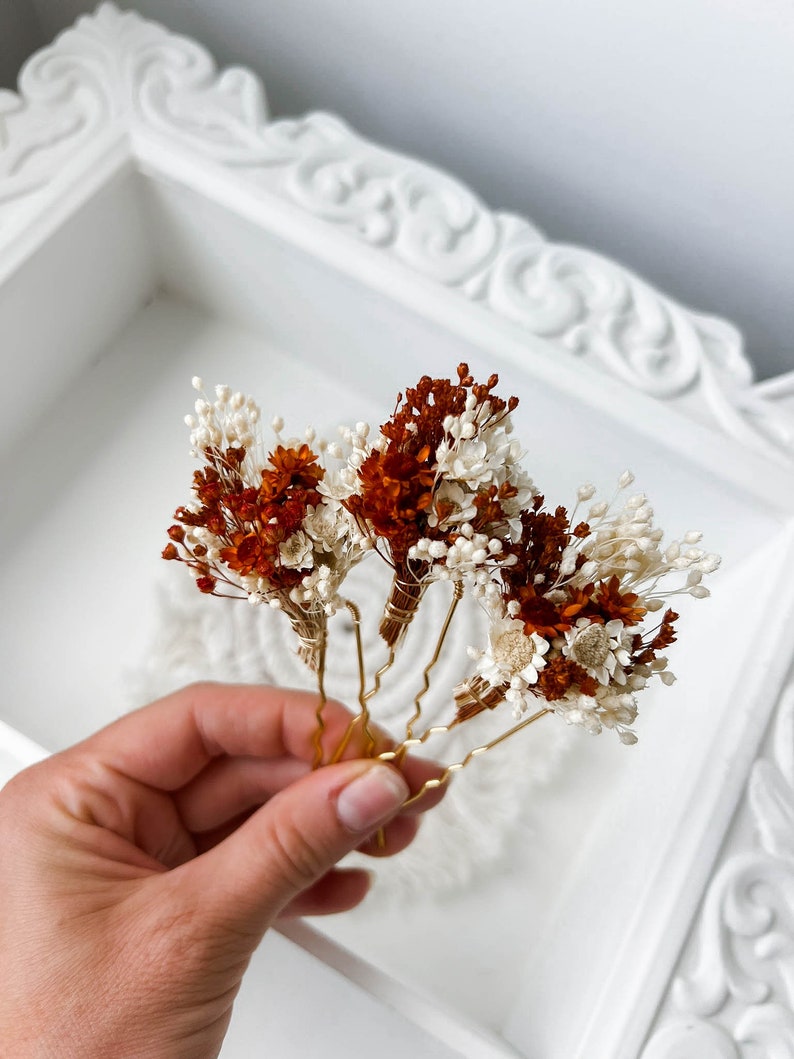 Épingles à cheveux de fleurs séchées de mariage rustique en terre cuite, accessoires de cheveux de mariage automne automne, morceau de cheveux de mariée bohème, pinces à cheveux rouille florale image 7