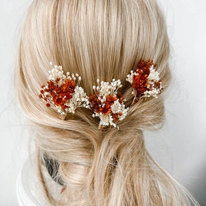 Épingles à cheveux de fleurs séchées de mariage rustique en terre cuite, accessoires de cheveux de mariage automne automne, morceau de cheveux de mariée bohème, pinces à cheveux rouille florale image 10