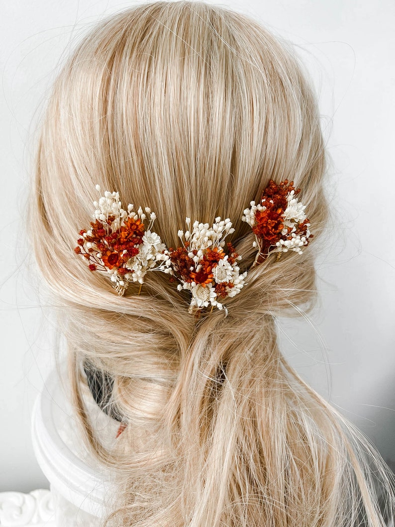 Épingles à cheveux de fleurs séchées de mariage rustique en terre cuite, accessoires de cheveux de mariage automne automne, morceau de cheveux de mariée bohème, pinces à cheveux rouille florale image 10