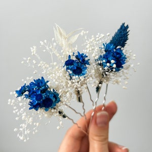 Majestic Blue Wedding Dried flower hair pins, Boho Bridal hair accessories, bohemian Gypsophila hair piece, Babys Breath hair clips image 6