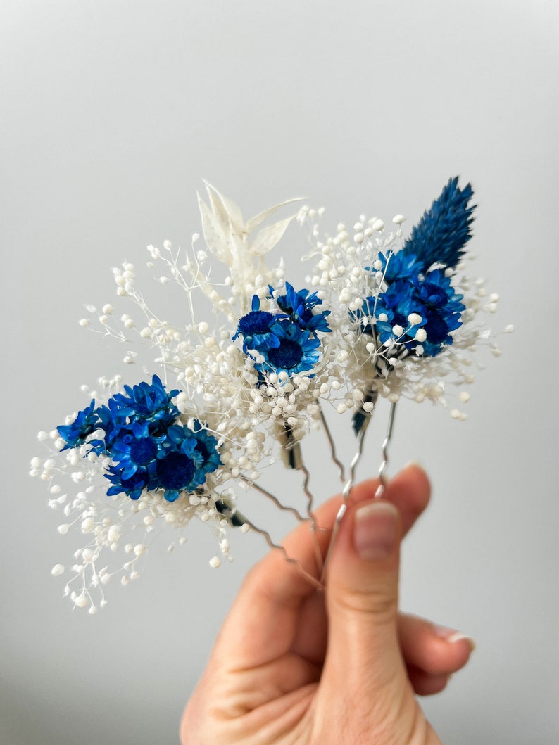 Majestic Blue Wedding Dried flower hair pins, Boho Bridal hair accessories, bohemian Gypsophila hair piece, Babys Breath hair clips image 6