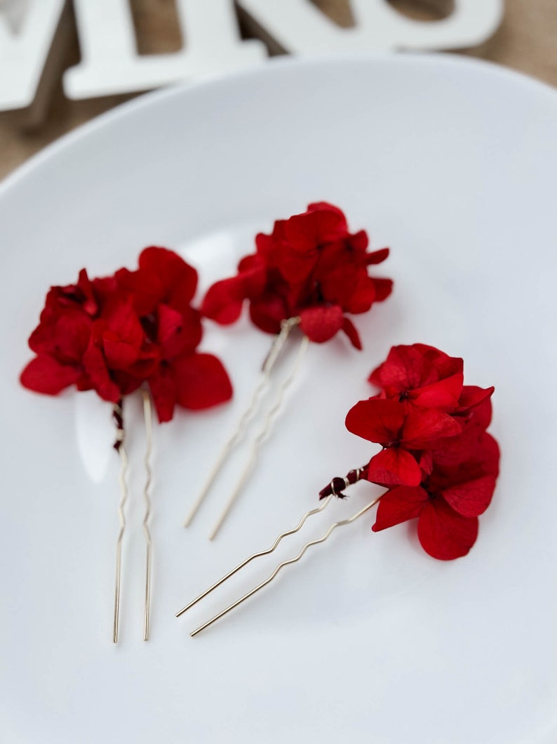 Épingles à cheveux fleurs séchées de mariage rouge bordeaux, accessoires pour cheveux bohème hortensia, morceau de cheveux floral, pinces à cheveux rouges image 5