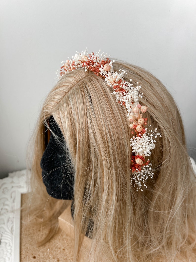 Couronne de fleurs séchées de mariage rustique en terre cuite, couronne de fleurs nuptiale, casque délicat image 5