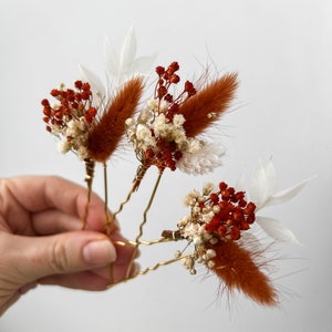 Forcine per capelli con fiori secchi in terracotta, accessori per capelli da sposa autunno autunno, pezzo per capelli da sposa rustico Boho, piccoli fermagli per capelli floreali immagine 2