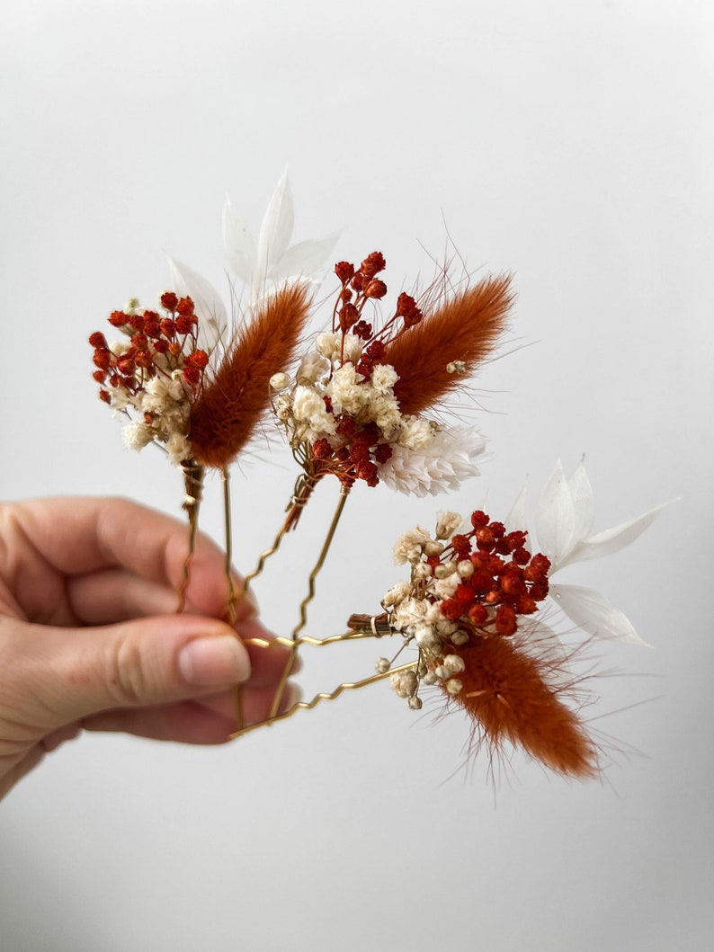 Forcine per capelli con fiori secchi in terracotta, accessori per capelli da sposa autunno autunno, pezzo per capelli da sposa rustico Boho, piccoli fermagli per capelli floreali immagine 2