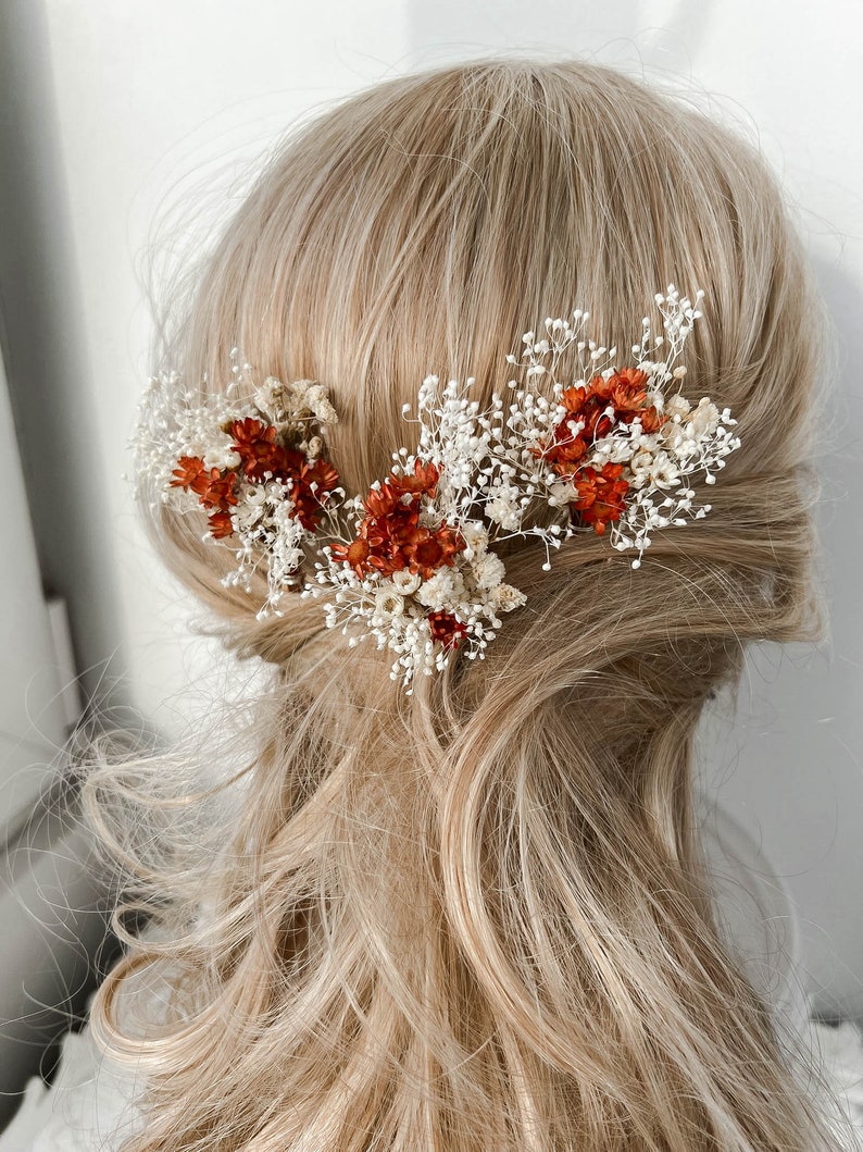 Terracotta Bruiloft Gedroogde bloem haarspelden, Herfst Herfst bruiloft haaraccessoires, Rustieke Boho Bruidshaarstuk, haarclips bloemen afbeelding 3