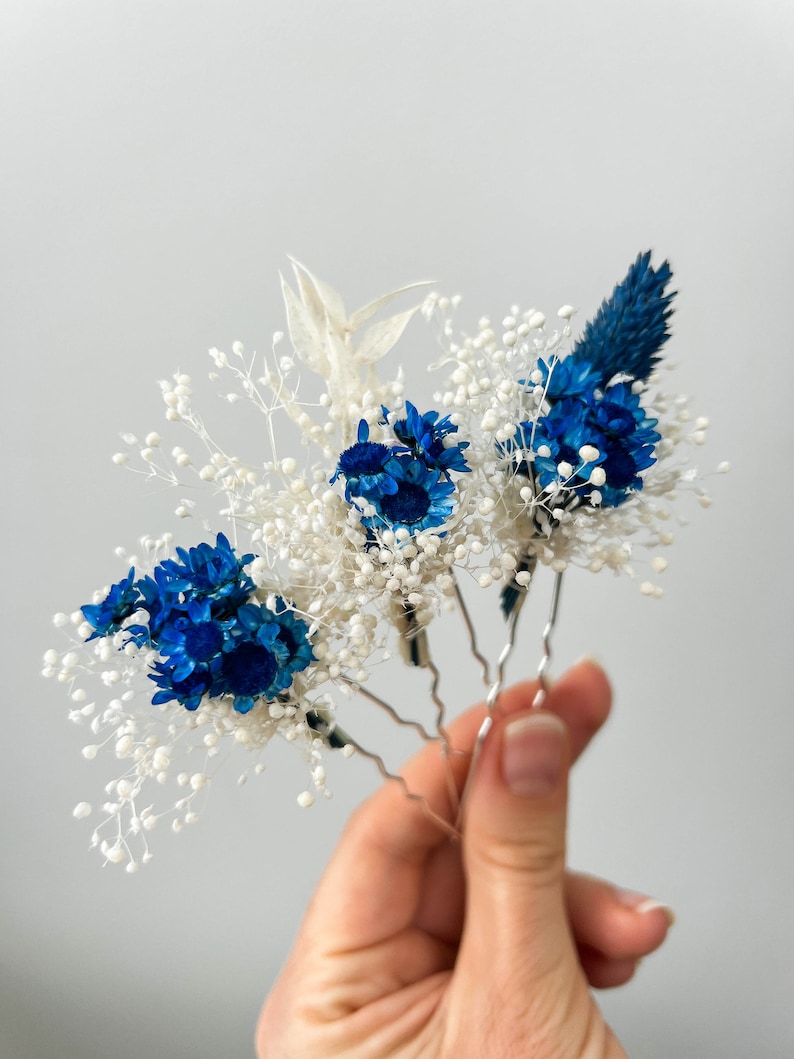 Majestic Blue Wedding Dried flower hair pins, Boho Bridal hair accessories, bohemian Gypsophila hair piece, Babys Breath hair clips image 9