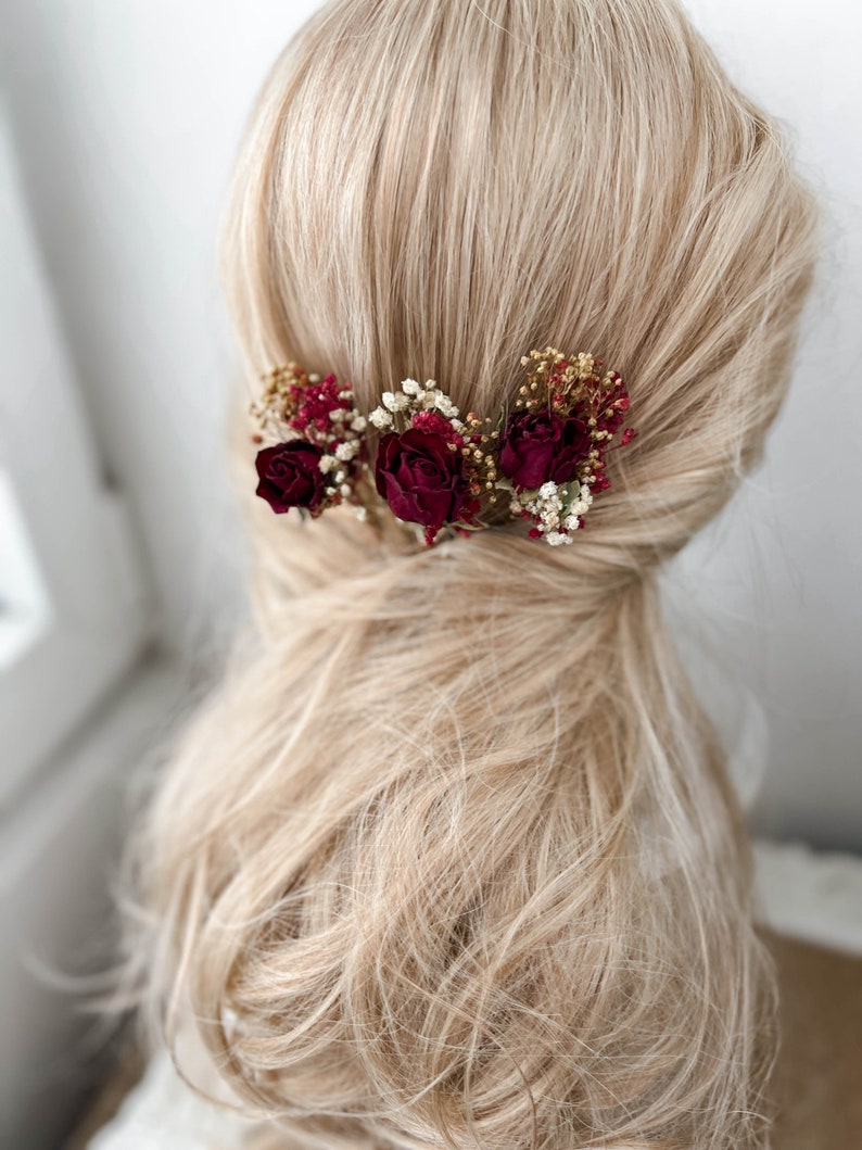 Burgundy Red Rose Wedding dried flower hair pins, Bridal hair accessories, boho floral hair clip, hair piece image 10