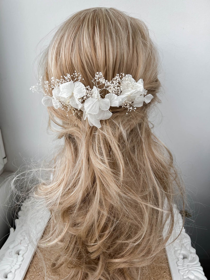 Forcine per capelli con fiori secchi di ortensia bianca per sposa, accessori per capelli, fermagli per capelli da sposa BOHO, accessorio per capelli floreale immagine 5