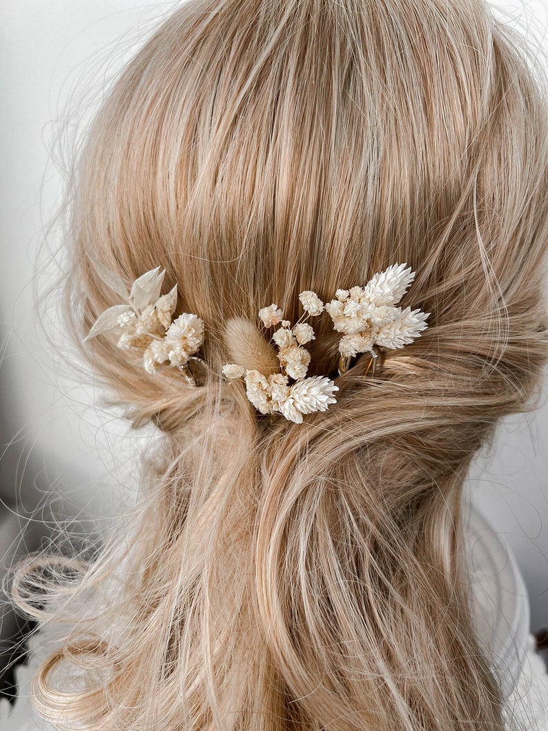 Boho gedroogde bloem haarspelden, witte Boho Wedding Flower haarspelden, bruidshaaraccessoires, echte bloemen Gypsophila haarclips afbeelding 1
