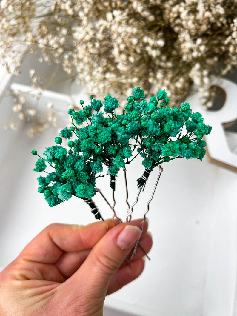 Dried flower hair pins green, Bridal Gypsophila floral hair piece, Colorful summer turquoise hair accessories, boho hair piece image 2