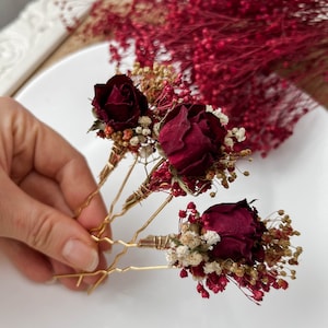 Burgundy Red Rose Wedding dried flower hair pins, Bridal hair accessories, boho floral hair clip, hair piece image 8