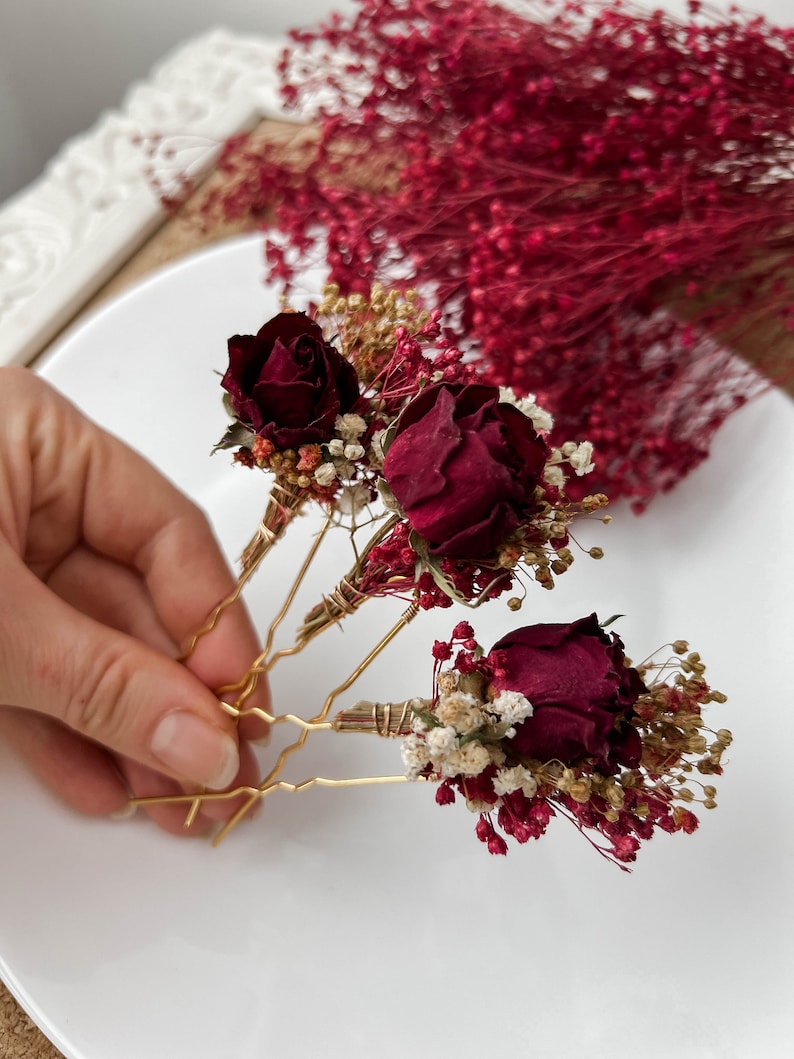 Burgundy Red Rose Wedding dried flower hair pins, Bridal hair accessories, boho floral hair clip, hair piece image 8