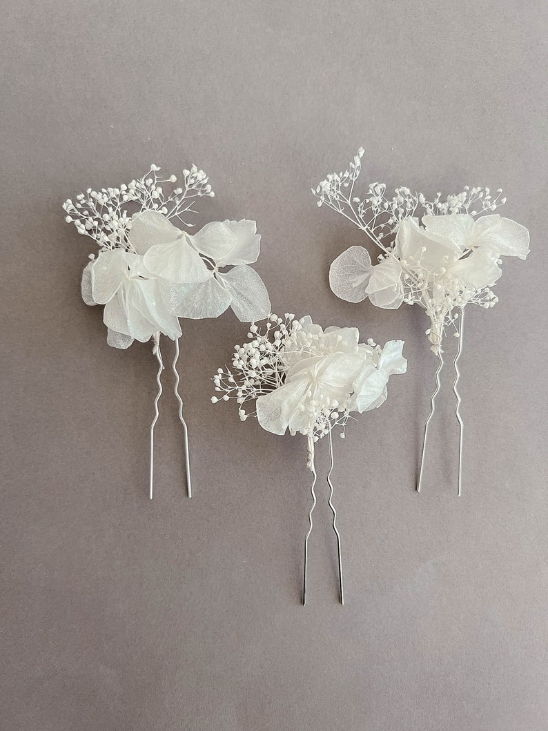 Épingles à cheveux de fleurs séchées d'hortensia blanc pour la mariée, accessoires pour cheveux, épingles à cheveux pour mariée mariage BOHO, accessoire pour cheveux floral image 8