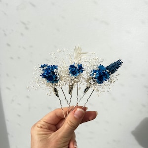 Majestic Blue Wedding Dried flower hair pins, Boho Bridal hair accessories, bohemian Gypsophila hair piece, Babys Breath hair clips image 4