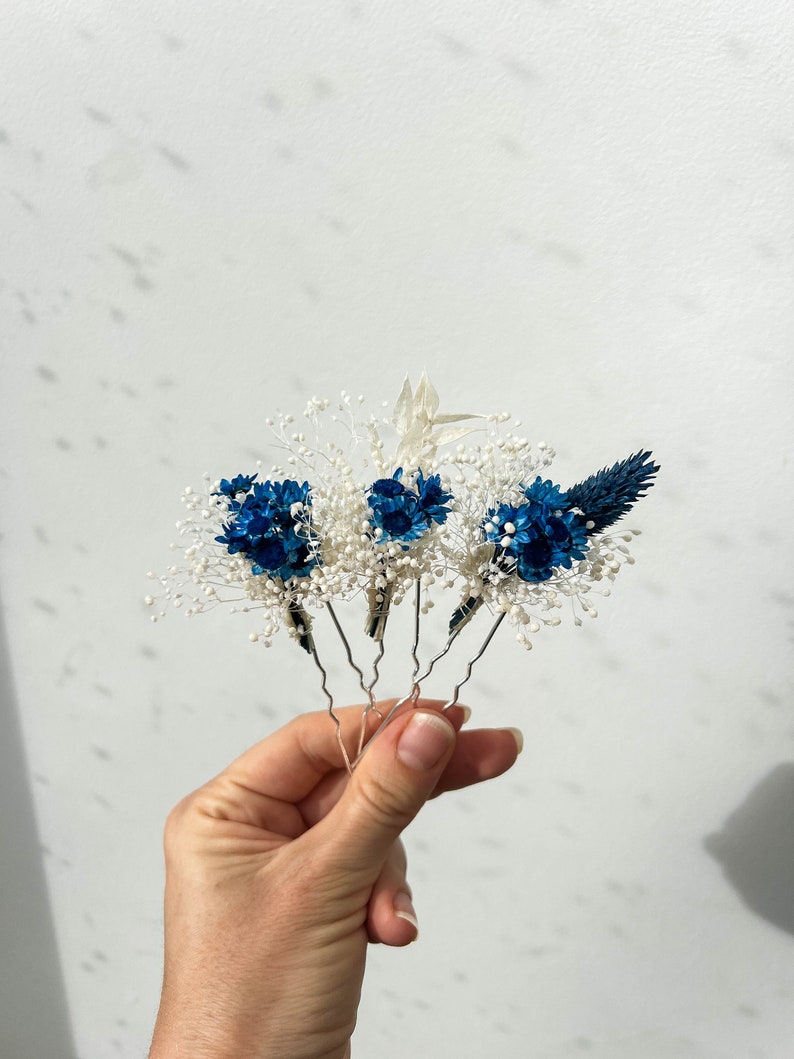 Majestic Blue Wedding Dried flower hair pins, Boho Bridal hair accessories, bohemian Gypsophila hair piece, Babys Breath hair clips image 4