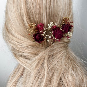 Burgundy Red Rose Wedding dried flower hair pins, Bridal hair accessories, boho floral hair clip, hair piece image 6