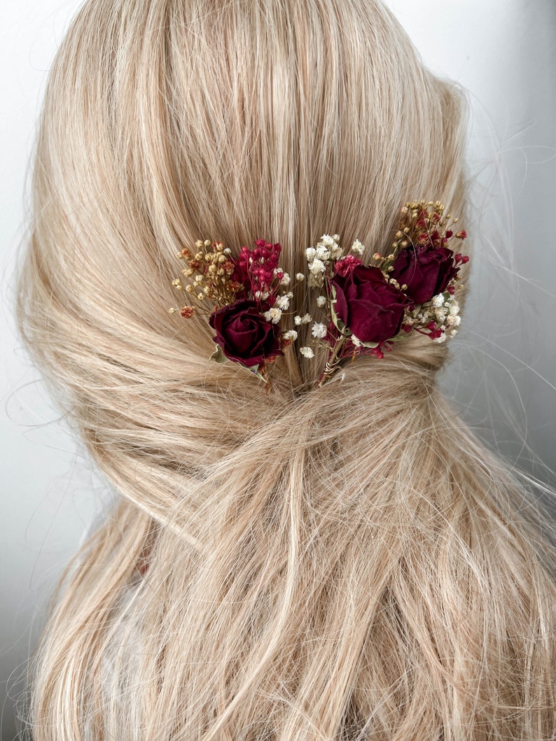 Burgundy Red Rose Wedding dried flower hair pins, Bridal hair accessories, boho floral hair clip, hair piece image 6