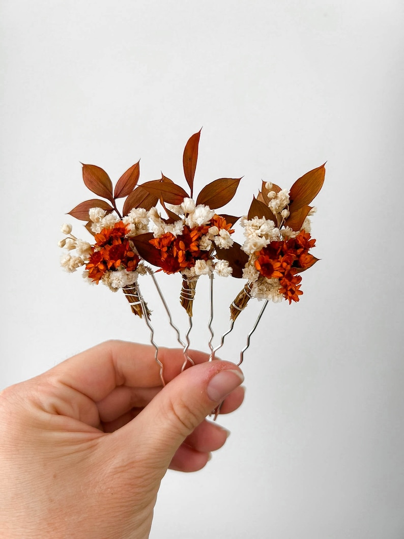 Épingles à cheveux de fleurs séchées de mariage en terre cuite rouille, accessoires de cheveux de mariage automne automne, morceau de cheveux de mariée orange brûlé bohème, pinces à cheveux florales image 5