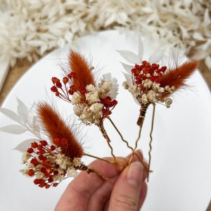 Forcine per capelli con fiori secchi in terracotta, accessori per capelli da sposa autunno autunno, pezzo per capelli da sposa rustico Boho, piccoli fermagli per capelli floreali immagine 4