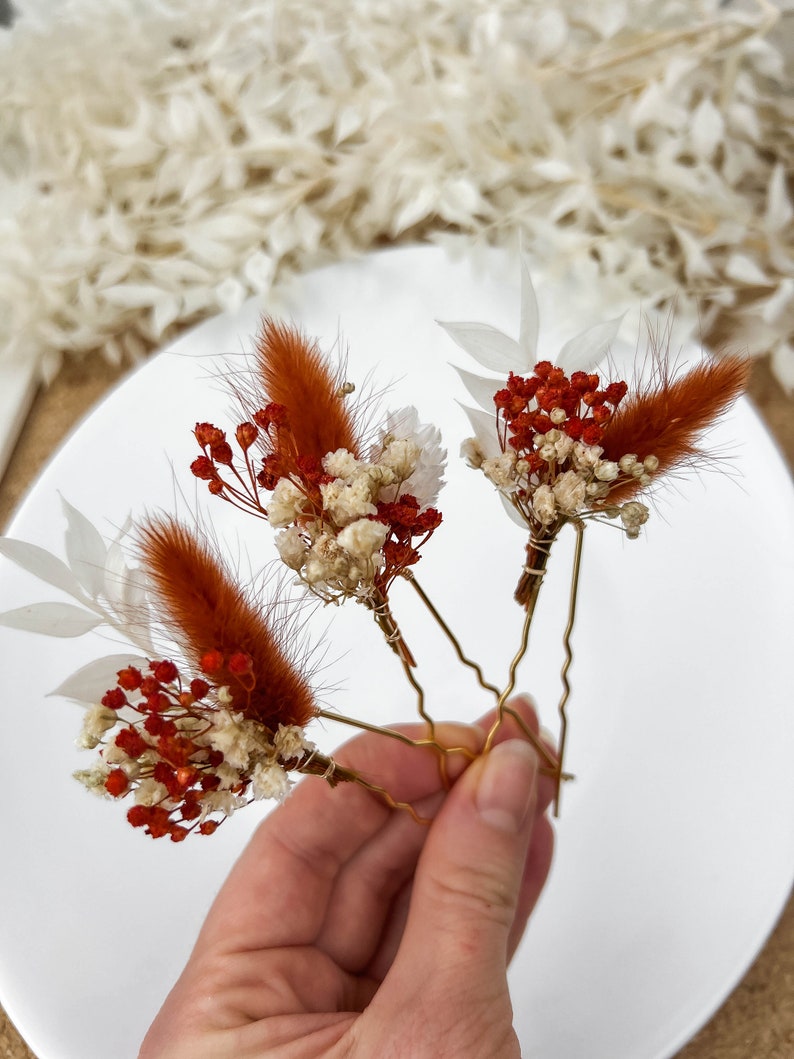 Forcine per capelli con fiori secchi in terracotta, accessori per capelli da sposa autunno autunno, pezzo per capelli da sposa rustico Boho, piccoli fermagli per capelli floreali immagine 4