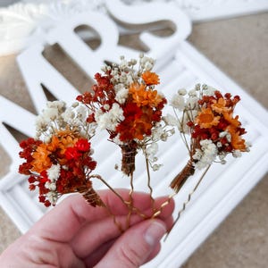 Dried flower hair pins, Fall Autumn Wedding Flower hairpins, Bridal rustic hair pins, Dried flower Boho hair piece orange red