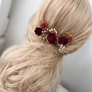 Burgundy Red Rose Wedding dried flower hair pins, Bridal hair accessories, boho floral hair clip, hair piece image 4