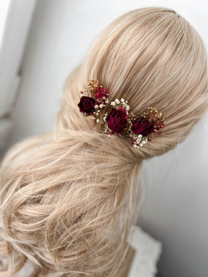 Burgundy Red Rose Wedding dried flower hair pins, Bridal hair accessories, boho floral hair clip, hair piece image 4
