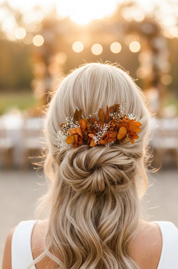 Terracotta Dried Flower Hair Pin, Rustic Autumn Wedding hair accessories floral