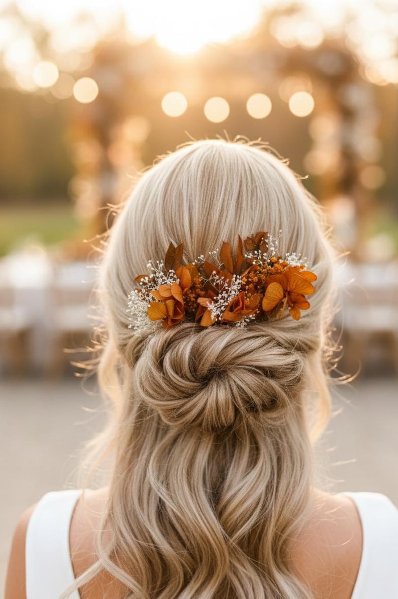 Terracotta Dried Flower Hair Pin, Rustic Autumn Wedding hair accessories floral image 1