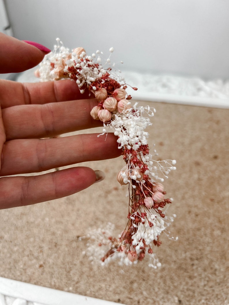 Couronne de fleurs séchées de mariage rustique en terre cuite, couronne de fleurs nuptiale, casque délicat image 9