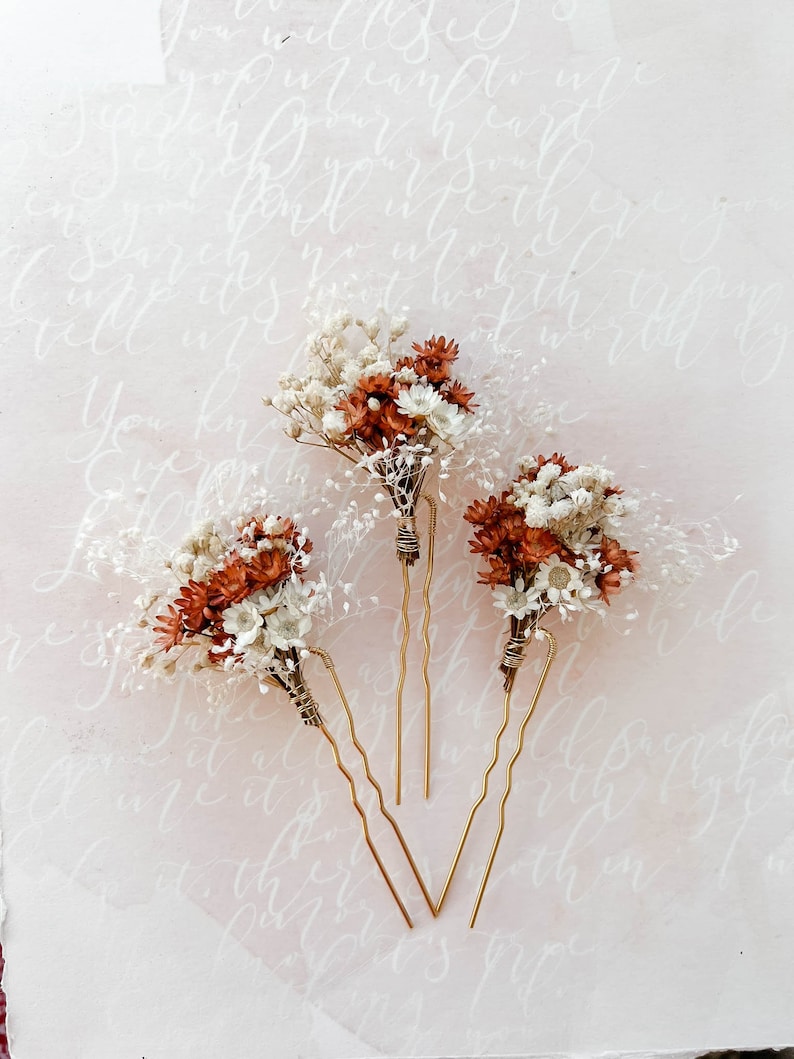 Épingles à cheveux fleurs séchées de mariage en terre cuite, accessoires de cheveux de mariage automne automne, morceau de cheveux de mariée bohème rustique, pinces à cheveux florales image 7